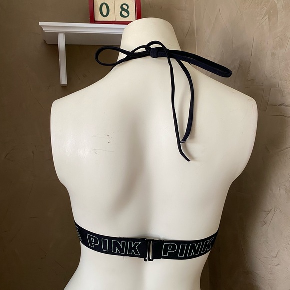 Victoria Secret PINK Swim Bikini Top XS Teal Yellow Banded Logo Triangle Halter - Picture 3 of 10